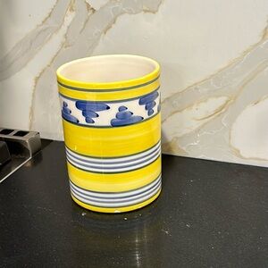 Amora Italy Bright Lemon Yellow and Blue Ceramic Utensil Crock